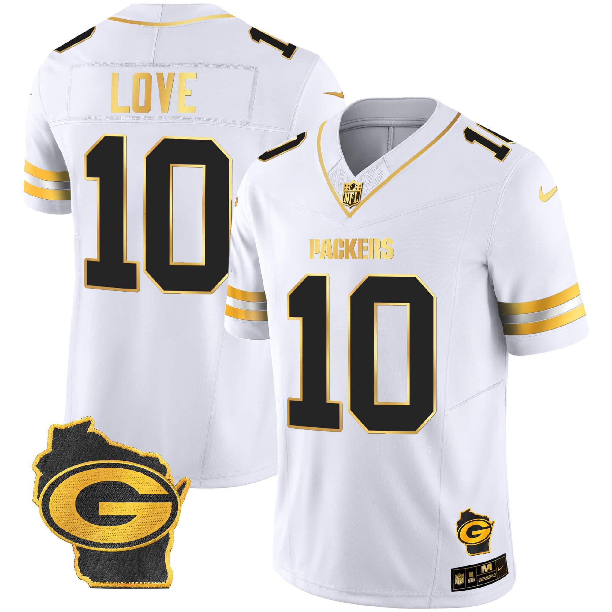 Men Green Bay Packers #10 Love White Gold 2024 Nike Home Patch Vapor NFL Jersey